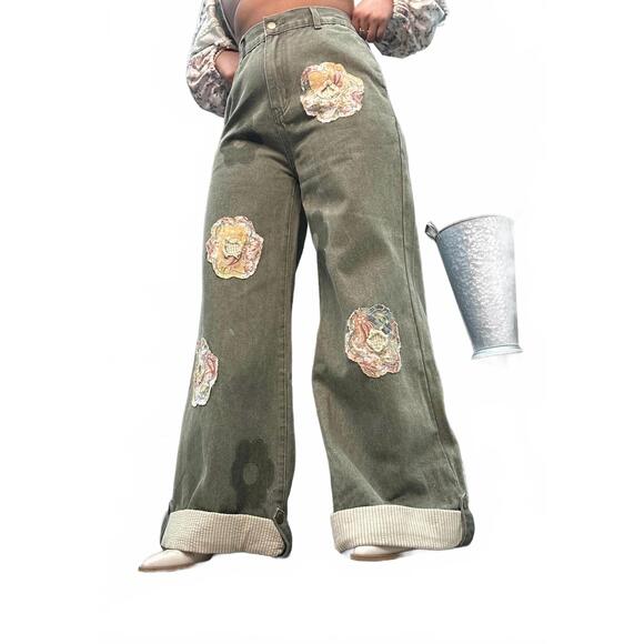 POL Pants - NEW POL floral patchwork accent wide leg cuff pants in olive